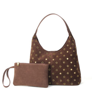 ​​Women’s Velvet Bucket With Studs And Lettering, Magnetic Closure, Spacious Two-Piece Set For Everyday Style​​ Hollowed