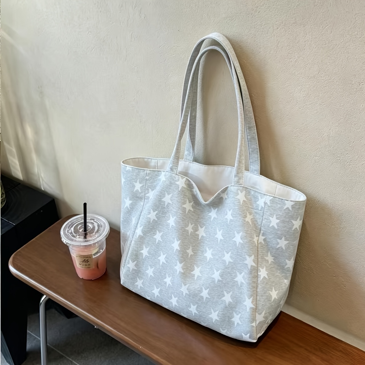 Korean Style Star Pattern Canvas Shoulder Tote Bag Ladies Casual Daily Commute Handbag - Image 5