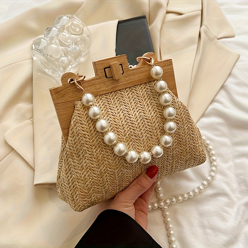 Bohemian Rattan Straw Bag Elegant Pearl Shoulder Chain Ladies Holiday Beach Party Purse - Image 7