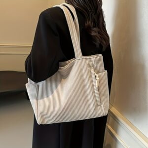 Vintage Striped Corduroy Shoulder Tote Bag Large Capacity Side Zipper Pocket Design Ladies Handbag For Work Travel