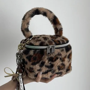 Leopard Print Plush Makeup Bag With Handle Soft Portable Storage PouchPerfect For Everyday Use Parties And Gatherings