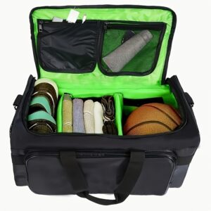 Black Basketball Sports Duffel Bag With Neon Green Accents A Shoe Compartment. It Is Suitable For Gym Workouts And