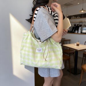 Gingham Plaid Canvas Tote Bag Women Braided Handle Flower Charm Summer Shoulder Handbag