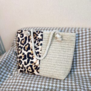Women’s Lare Capacity Raffia Straw Woven Handba Summer Leopard Print Patchwork Crossbody Ba With Storae For