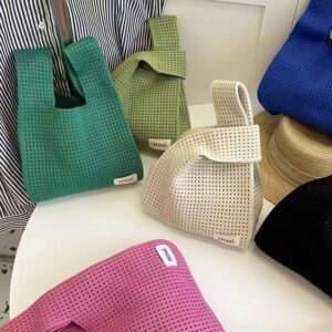 Korean Chic Simple Hollow Handbag Shoulder Women’s Vest Open Knit Shopping Bag
