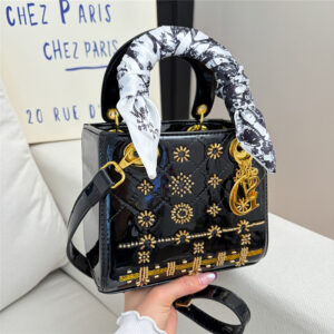 Luxurious Studded Silk Scarf Handbag Women’s Chic Patent Leather Crossbody Bag Multi-Compartment Zipper Closure Medium