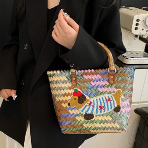 Woven Bag For Women, Beach Basket Bag, Striped Dachshund Dog, Multicolor Commuter Large Capacity Handbag