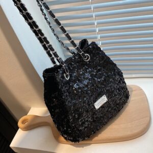 Lightweight Chain Decor Handbag Solid Fashion Bling Adjustable Shoulder Straps Bucket Cylinder Women Crossbody Bag
