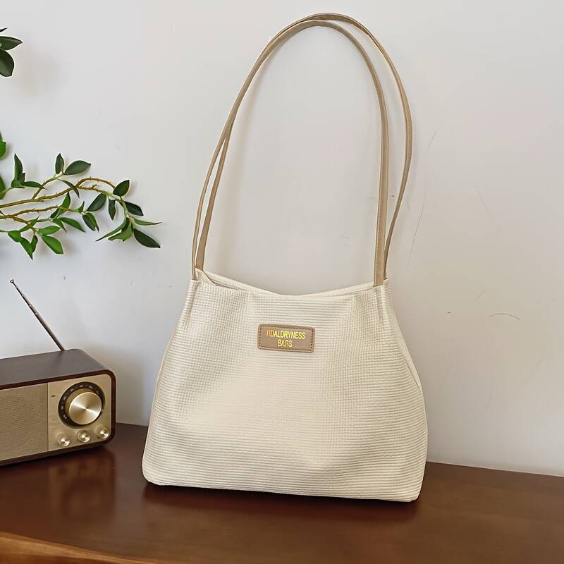 Linen Fabric Hobo Tote Bag Letter Label Thin Strap Women Daily Shoulder Purse - Image 5