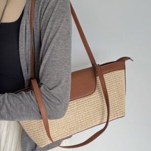 French Niche Casual Color-Block Straw Basket For Women, Handheld And Shoulder Tote Bag, Vintage Bucket Woven Bag