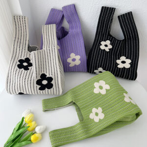 Flower Handbag For Women, Knitted Storage Large Capacity Small Student Casual Bucket Wrist Bag, Lunch Box Bag