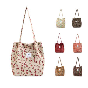 Printed Casual Korean Style Large Capacity Corduroy Canvas Tote Women’s Travel Plush Shoulder Bag