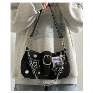 Fashion Denim Star Pattern Cool Girl Y2K Bottom Canvas Womens Small Shoulder Bag Chain Handbag 240827