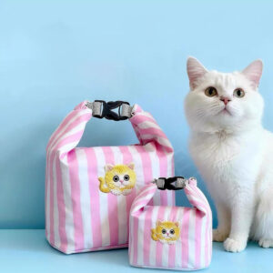 New Pink Striped Strawberry Cat Insulated Cute Lunch Handbag Large Capacity Folding Roll Bento Picnic Food Fresh Cooler