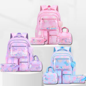 Butterfly Print Three Piece Backpack Set For Girls Pink Purple Blue Student Shoulder Bag Travel Gear Accessories