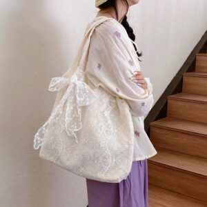 Korean Style Fresh Lace Flower Canvas For Women Large Capacity Gentle Fairy Commuter Crossbody Shoulder Bag