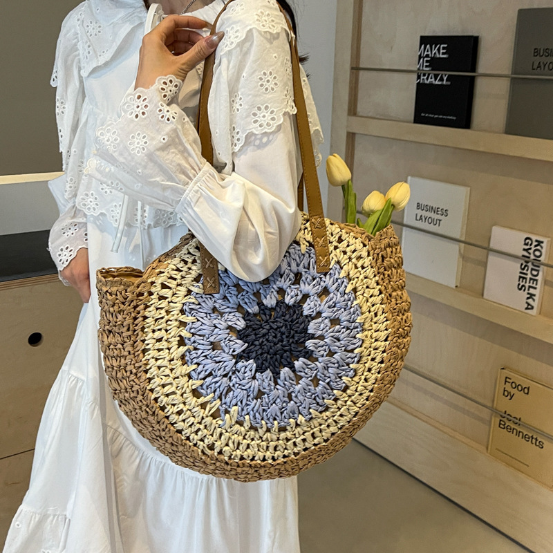 Women's Large Color Block Vacation Beach Round Zipper Straw Bag - Image 2