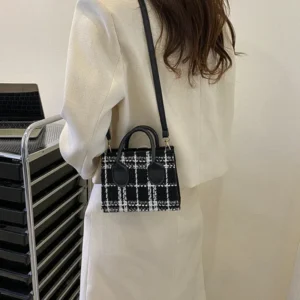 Women Mini Handbag Ladies Pouch Fashion Check Pattern Shoulder Crossbody Messanger Lightweight Simple Elegant Tote Bag