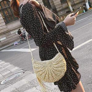 Lihanbao Summer Beach Boho Women Straw Tassel Semicircle Zipper Crossbody Shoulder Bag-Beige