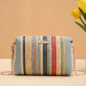 Rainbow straw 2026girl handbags woven camera versatile girls messenger chain bag