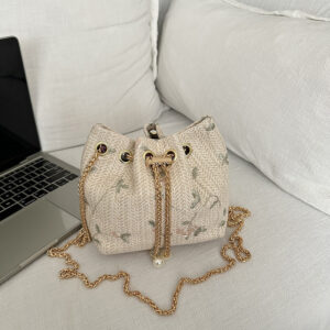 Forest Style Straw Bucket For Women 2026 New Summer Light Luxury Niche High-end Crossbody Chain Woven Bag