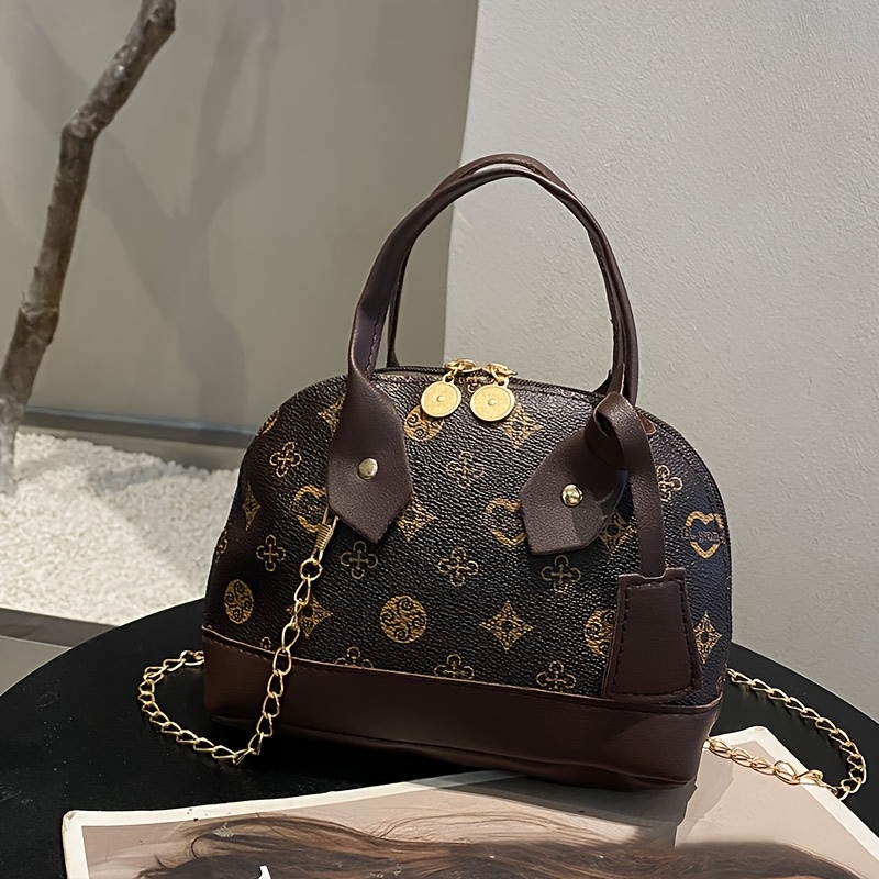 Printed Dome Women Crossbody Bag Contrast PU Trim Top Handle Chain Shoulder Handbag