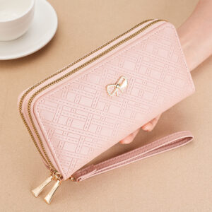 Women’s Wallet Daily Matching Zipper Closure PU Material Bow Decoration Fresh Sweet Style Can Hold Phone Long Size