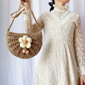 Handwoven Paper Rope Fringe Bag – Floral Embroidered Mini Crossbody Purse For Women​​