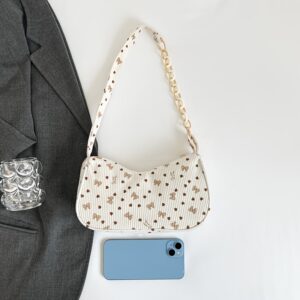 Women Corduroy Bow Print Hobo Underarm Bag Chain Splicing Strap Sweet Coquette Casual Shoulder Purse