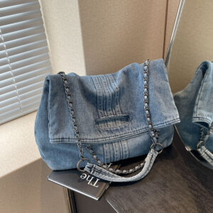 Cross-Border New Women’s Large Capacity Commuter Fashion Denim Tote Chain Strap Single Shoulder Crossbody Bag