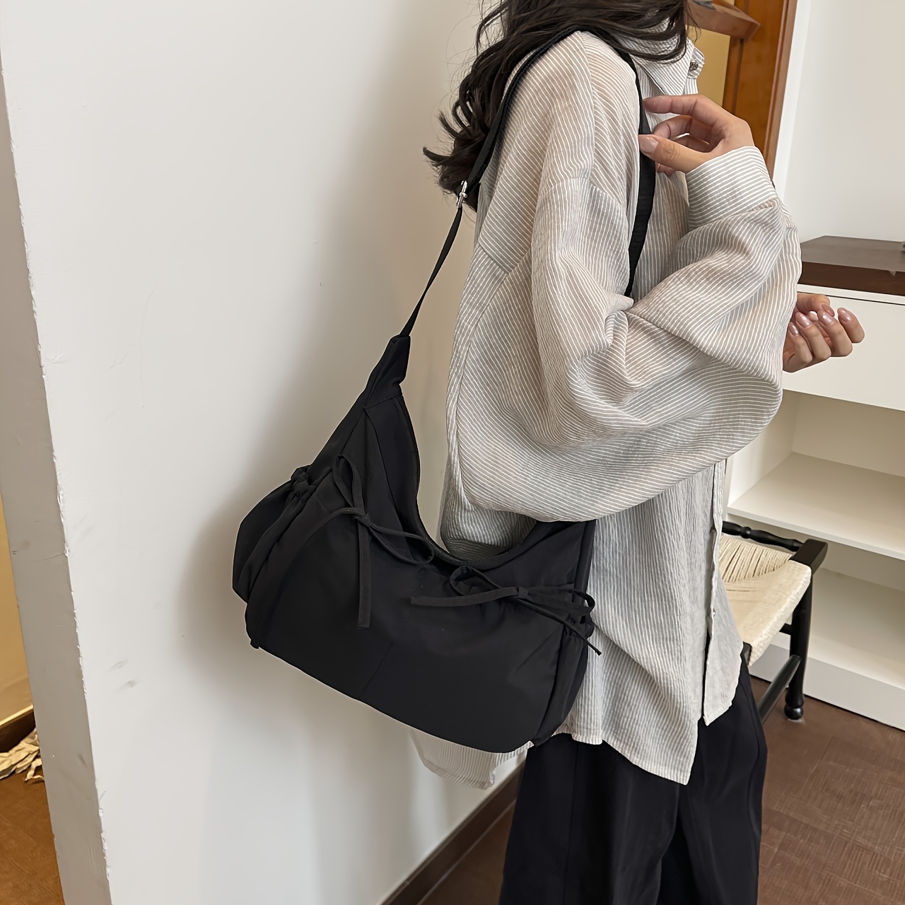 Women Solid Black Bow Detail Crossbody Lightweight Nylon Casual Adjustable Strap Shoulder Bag - Image 10