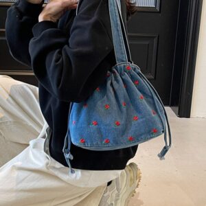 New Embroidered Large-capacity Denim Drawstring Bucket Women’s Handbag, Small Floral Shoulder Bag, Commuter Tote Bag