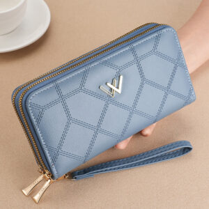 Wallet Clutch Bag Women’s Long Girl’s Diamond Check Double Zipper Stylish Hand Purse Money Clip