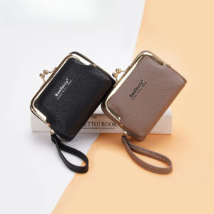Women’s Kiss Lock Small Wallet, Lychee Grain Faux Leather Accordion Card Holder, Zipper Coin Purse With Wrist Strap