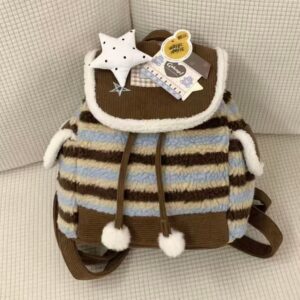 Women’s Fair Isle Plush Backpack Trendy Canelé Crossbody Bag For Autumn Winter Cute Handbag