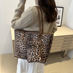Women’s Large Capacity Tote Fashion Casual Leopard Print Polyester PU Leather Shoulder Bag For Commuting And Shopping