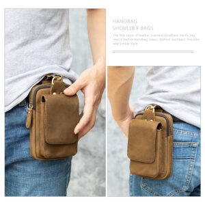 Retro Waist First Layer Cowhide Men’s Work Site Wear Belt Vertical Genuine Leather Mobile Phone Bag