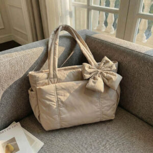 In Stock Bowknot Yoga Winter New Embroidered Checkered Space Cotton Shoulder Tote Bag