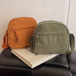 Japanese Retro Black Vertical Corduroy Camera Bag Braided Tassel Detail Multi Compartment Adjustable Strap Ladies Daily
