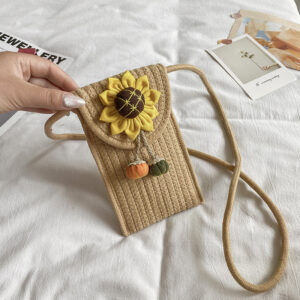New flower one shoulder crossbody women’s beach vacation mobile phone bag, cotton rope woven mouth red bag