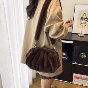​​Faux Fur Cloud Bucket For Women – Trendy & Soft Shoulder Crossbody Bag (White, Khaki, Burgundy, Brown)​