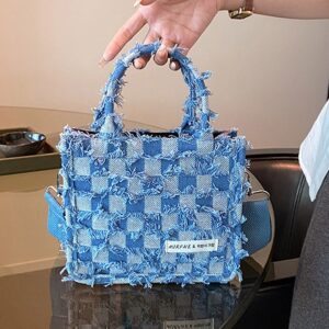 New Niche Design Of Korean Hand-held Fashion Women, Checkered Denim Tote Bag, And A Student’s Crossbody Bag For Class