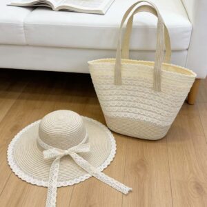 Women’s Trendy Spring/Summer Lace Straw Set Spacious Shoulder Tote Bucket Bag for Commuting