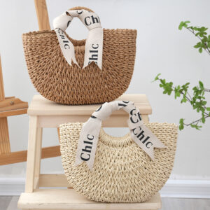 Handheld Paper Woven Women’s Straw Vacation Handbag Round Bucket Bag