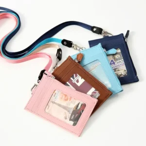 PU Leather Badge Holder With Neck Lanyard Student Coin Purse Card Case Zipper Bag Office Casual Supplies 250509
