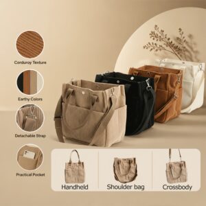 Corduroy Large Tote Bag For Women Detachable Strap Multi Pocket Commute School Shoulder Handbag