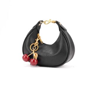 Mini Crescent Handbag Cherry Charm – Stylish PU Small Purse For Women, Compact Wallet With Zipper Closure (Black)​