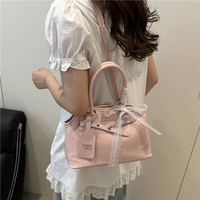 Pink Lace Bow Mini Satchel Bag Women Top Handle Adjustable Crossbody Daily Handbag - Image 5