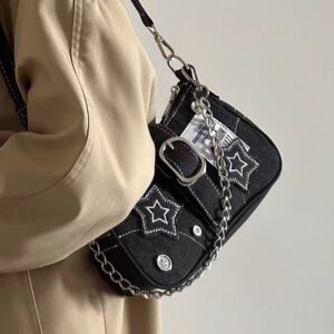 Denim Women’s Shoulder Stars Cowboy Underarm Fashion Trend Crescent Canvas Tote Chain Bag