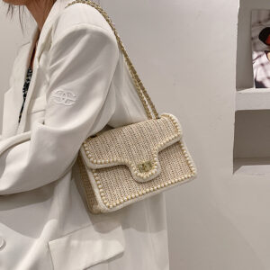 Women’s Bags New Beads Edge Chain One Shoulder Lock Ladies Straw Woven Fragrance Style Fashion Small Square Bag